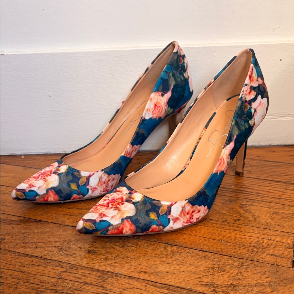 Jessica Simpson Dusk heels floral Pointed Toe Stiletto Wedding Guest blue pumps